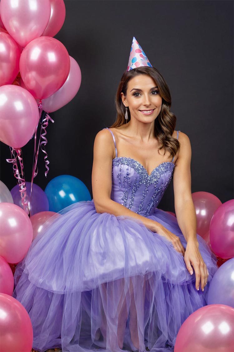 8 woman purple dress studio photoshoot balloon