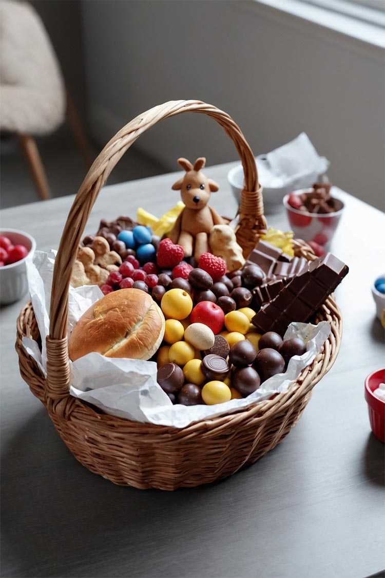 birthday gift basket filled with food chocolate toys for kids