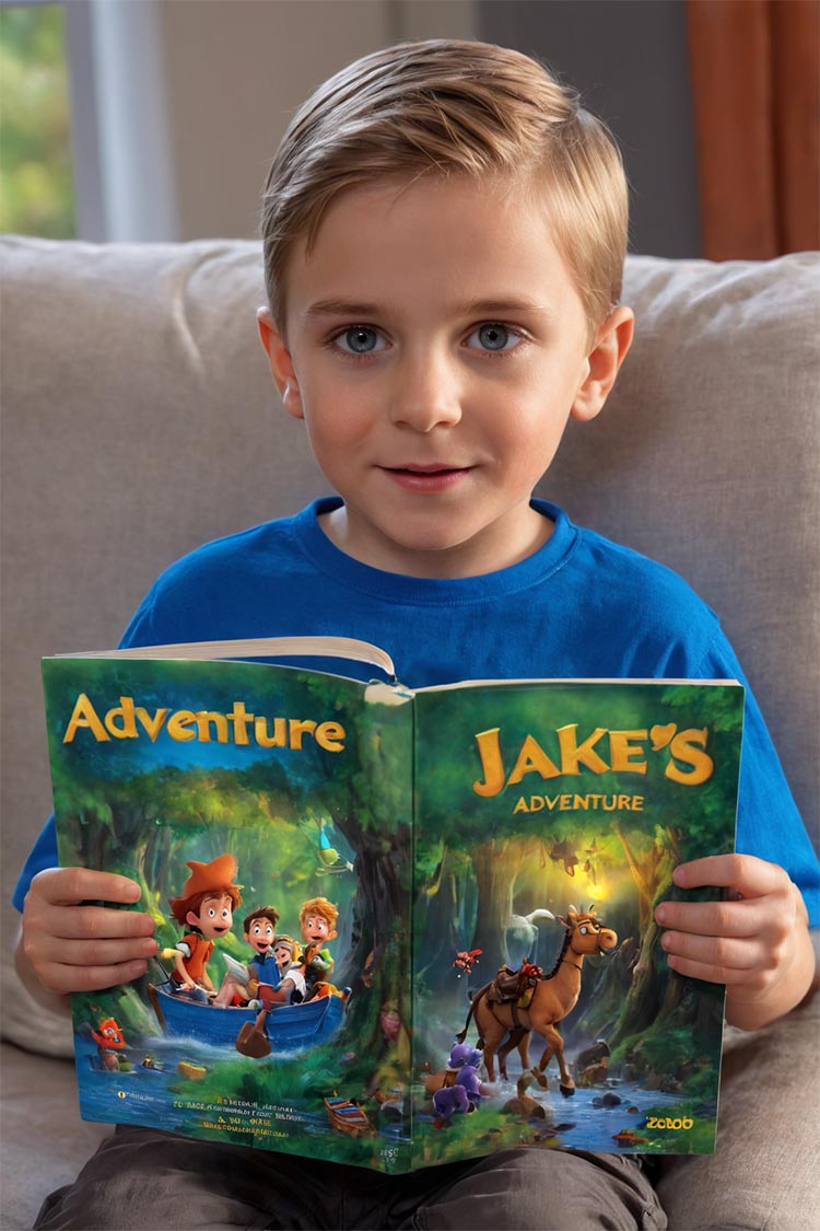 boy holding a personalized book with his name