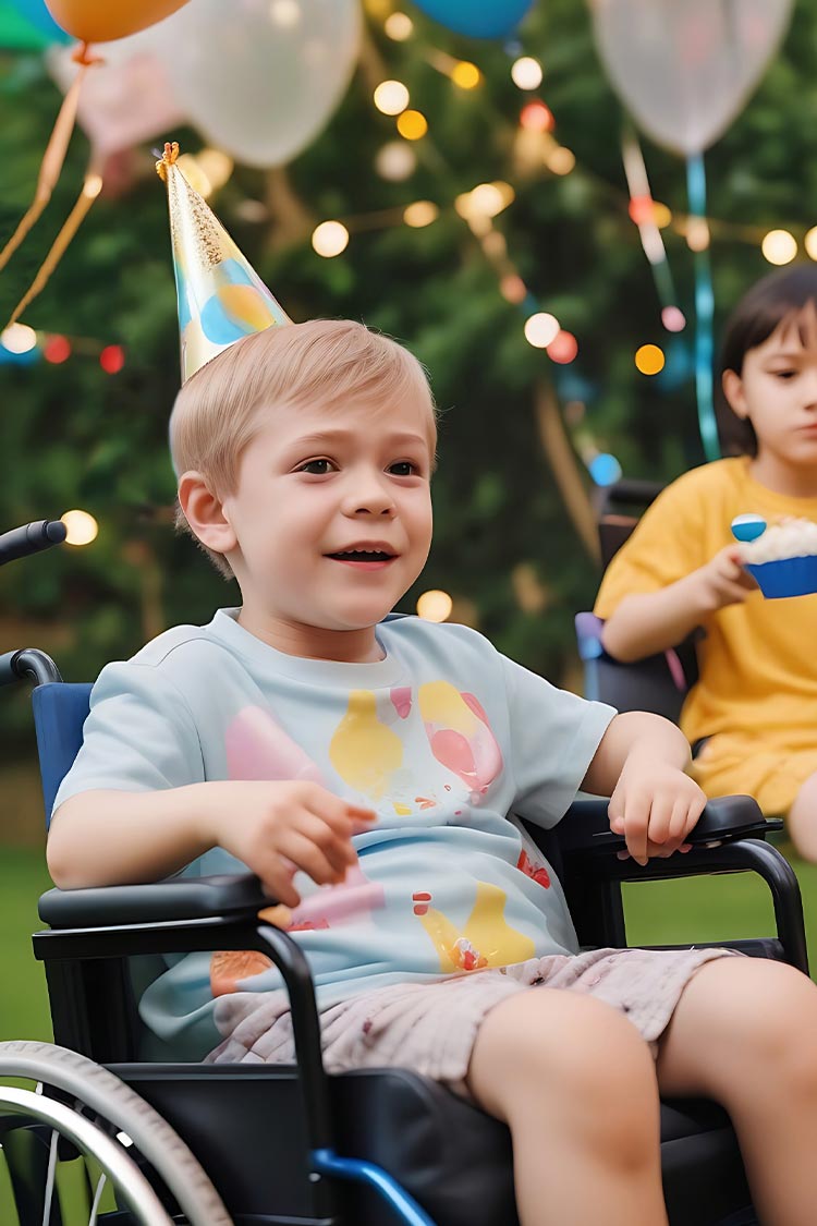boy in a wheeled chair in an outdoor birthday party