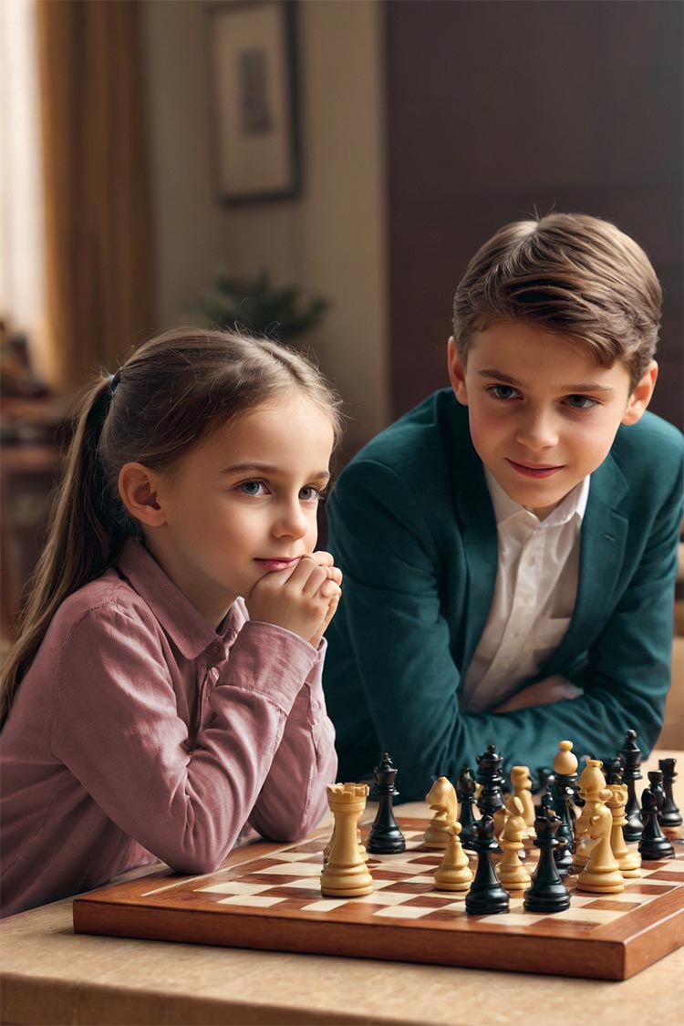 girl and boy playing chess