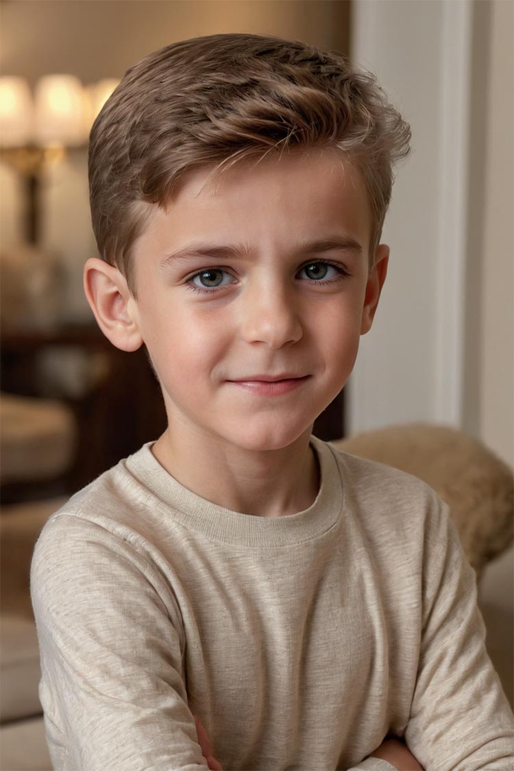 handsome kid arms crossed in a beige sweatshirt