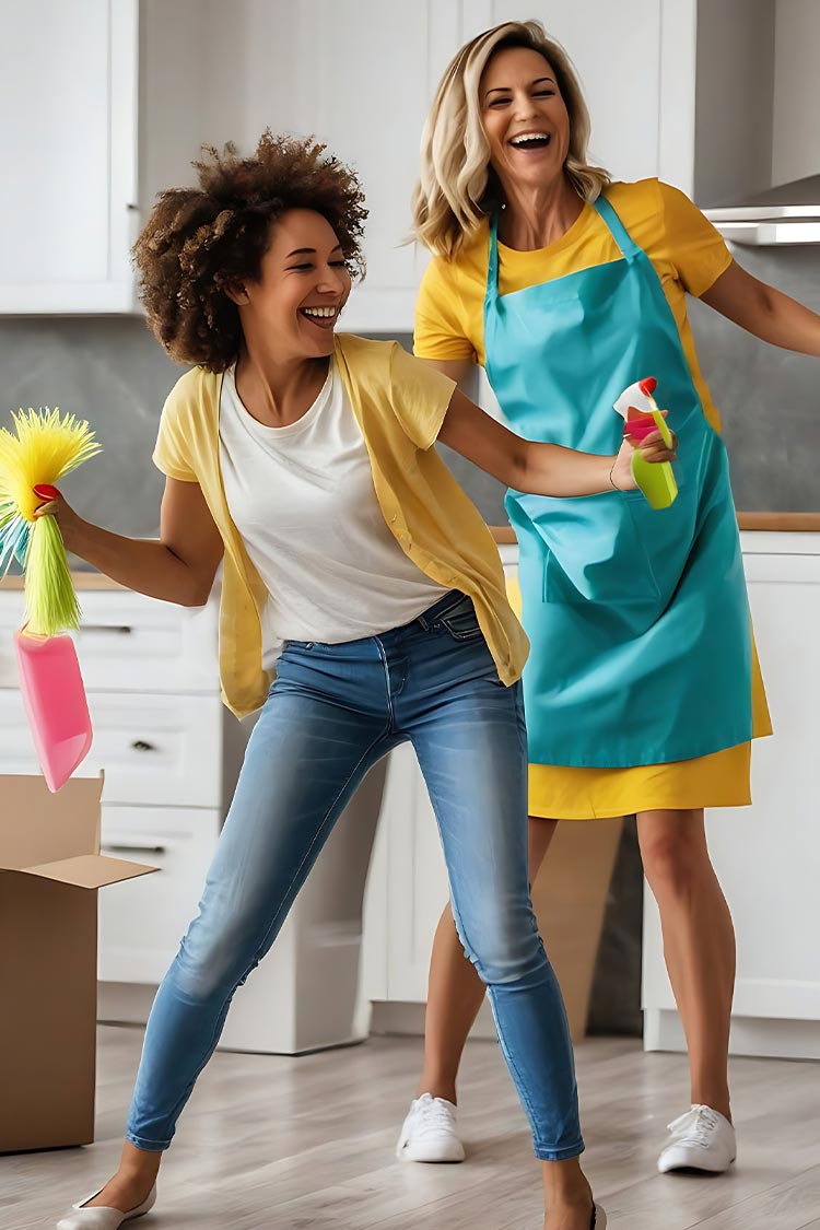 happy dancing mom and daughter cleaning