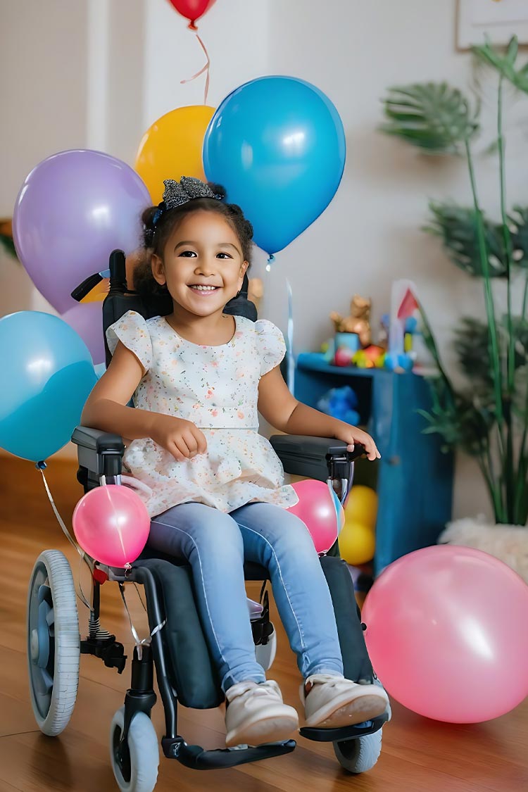 happy girl in a wheeled chair balloons