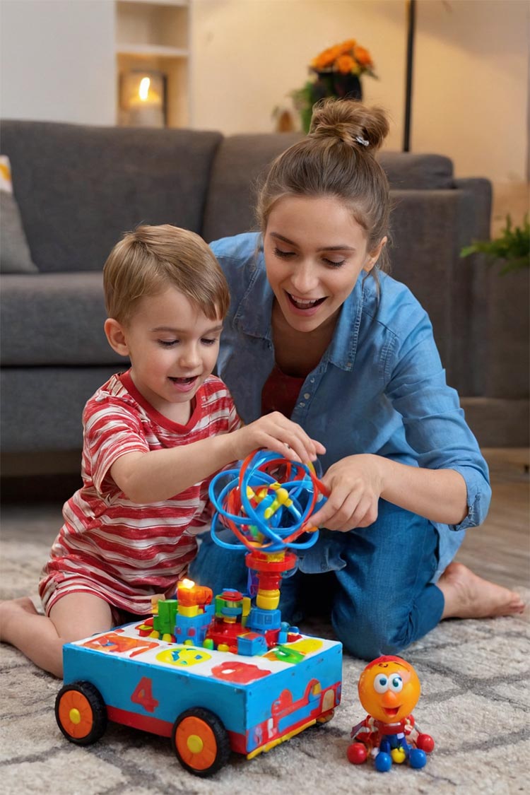kid and woman playing toy together