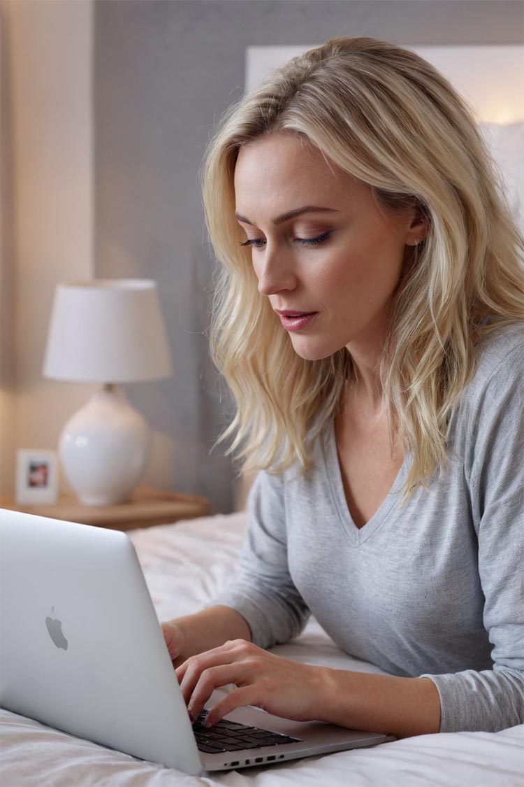 woman typing laptop bedroom